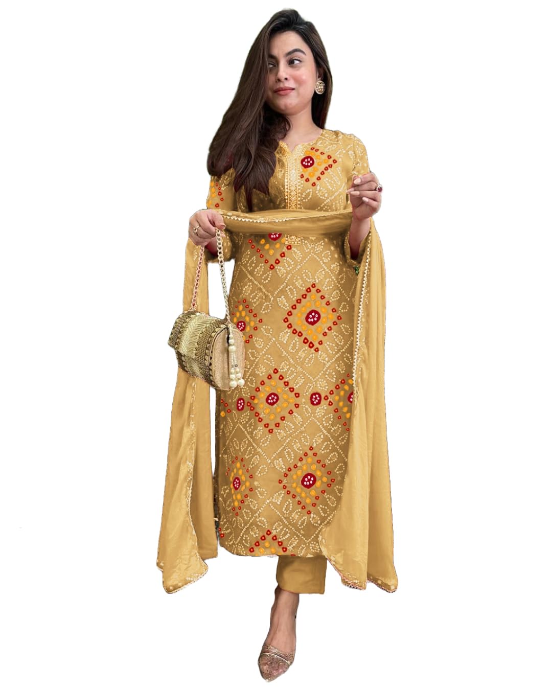 GoSriKi Women's kurta Rayon Viscose Straight Bandhej Printed Kurta with Pant & Dupatta - Shoppingstore25ClothsShoppingstore25B0FH7357GRGoSriKi Women's Rayon Viscose Straight Bandhej Printed Kurta with Pant & Dupatta Shoppingstore25
