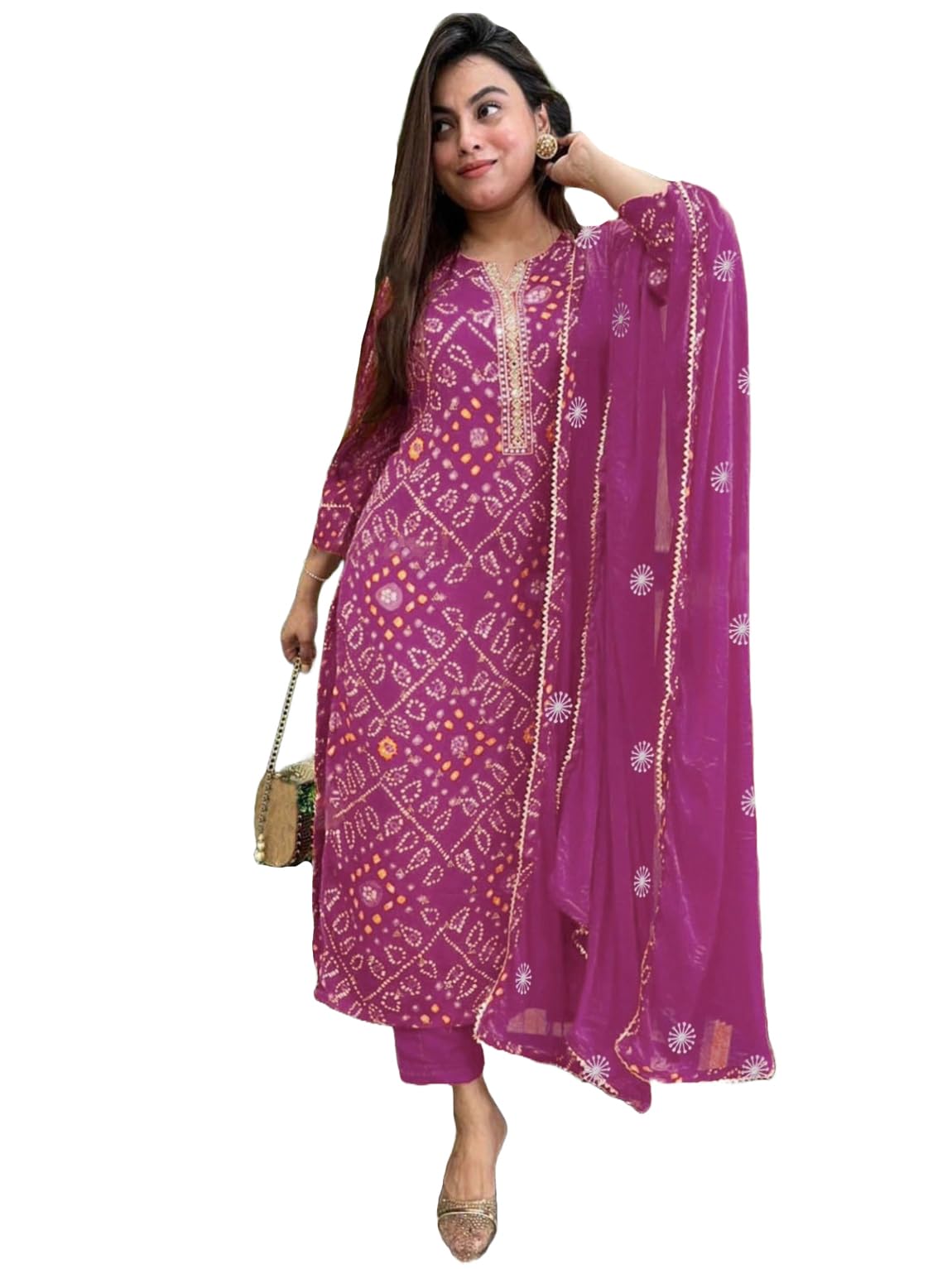 GoSriKi Women's kurta Rayon Viscose Straight Bandhej Printed Kurta with Pant & Dupatta - Shoppingstore25ClothsShoppingstore25B0DPZBWH7KGoSriKi Women's Rayon Viscose Straight Bandhej Printed Kurta with Pant & Dupatta Shoppingstore25